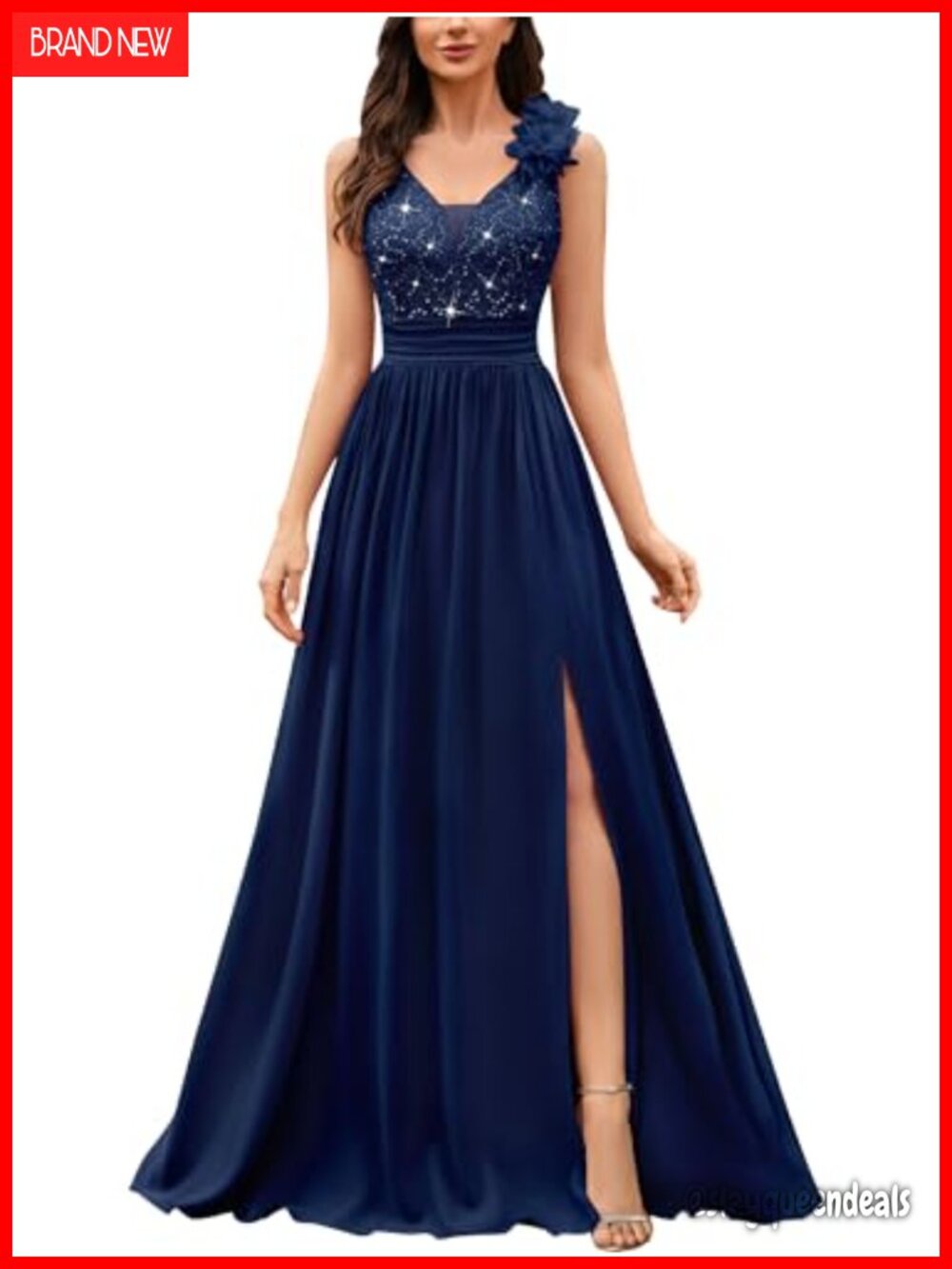 V-Neck Sequined Lace Evening Maxi Dress Sleeveless A-Line Formal